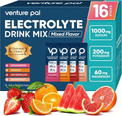 Picture of Venture Pal High Sodium Sugar Free Electrolytes Powder Packet, 16 Sticks | Hydration Packets with Vitamin, Sodium & Potassium, Zero Calories, Vegan, Keto & Paleo Friendly Electrolyte Drink Mix