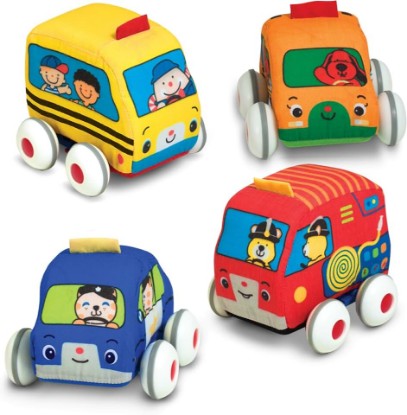 Picture of Melissa & Doug Melissa & Doug K's Kids Pull-Back Town Vehicle Set - Baby Toys Set with 4 Soft Toy Cars and Trucks, Surface Washable with Removable Wheels, Learning Toys for Babies and Toddlers