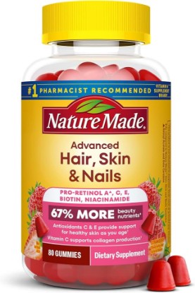 Picture of Nature Made Advanced Hair Skin and Nails Gummies, 80 Gummies | Dietary Supplement with Biotin, Pro Retinol A, Niacinamide, Vitamin C and Vitamin E, Strawberry Flavor, 40 Day Supply