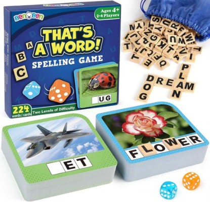 Picture of BenBen Spelling Games, 224 Flashcards, 208 Wood Letter Tiles, 1-4 Players, Learning Games for Kids 4-8, Educational Toys for Kindergarten 1st 2nd Grade, Preschool Classroom Must Haves