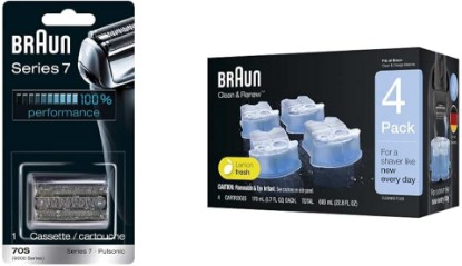 Picture of Braun Series 7 70S Electric Shaver Head Replacement Cassette – Silver & Clean & Renew Refill Cartridges CCR - 4 Pack
