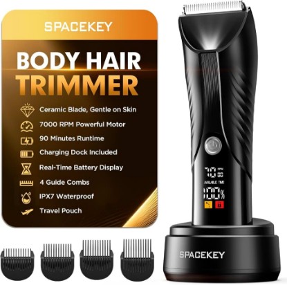 Picture of Spacekey Electric Body Hair Trimmer - IPX7 Waterproof Ball Trimmer for Men with LED Light, Wet/Dry Groomer, USB-C Rechargeable, Travel Bag Included - Men's Pubic, Groin and Body Shave