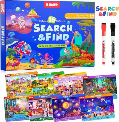 Picture of BBWOO Search and Find Activity Book, Reusable Travel Game Toys for Kids 3-8 | Car Airplane Road Trip Activities for Kids Games, Preschool Learning Activities, Educational Seek Game,Gifts for Boys Girls