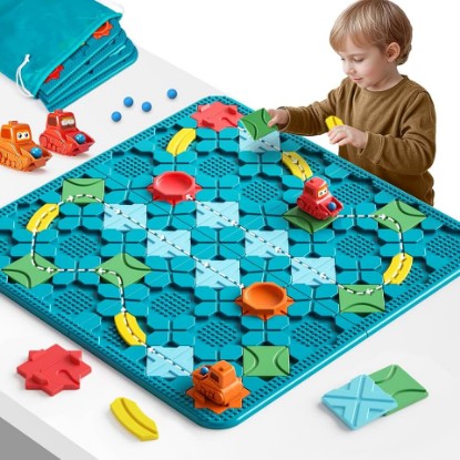 Picture of Kids Toys STEM Board Games - Large Size Logical Road Builder Educational Brain Teasers Puzzles Toys, Preschool Learning Montessori Big Board Maze Birthday Gifts Kids Boys Girls Age 4-8 Year Old | Royal Blue logic board: 14 tracks, 2 start/end, 2 windup cars. 200+ puzzles, 4 levels, 3 modes. Dots fit bricks. Bag
