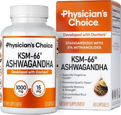 Picture of Physician's CHOICE KSM-66 Ashwagandha Root Extract 1,000mg, Organic, 60ct | Stress, Mood & Athletic Support, 5% Withanolides with Black Pepper Extract for Maximum Absorption, Vegan