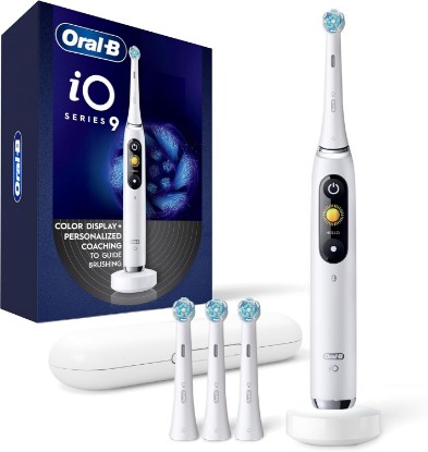 Picture of Oral-B Rechargeable Electric Toothbrush, iO9 Genius, 7 Cleaning Modes, Interactive Display, Charging Travel Case, Visible Pressure Sensor, 4 Brush Heads, White Alabaster