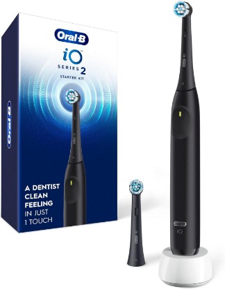 Picture of Oral-B Rechargeable Electric Toothbrush, iO2 Starter Kit, 3 Cleaning Modes, Automatic Pressure Sensor to Protect Gums, 2 Brush Heads, Night Black