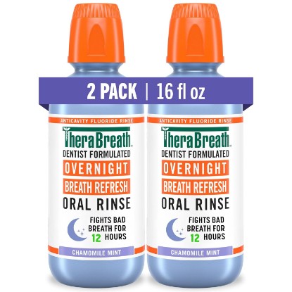Picture of TheraBreath Overnight Mouthwash, Chamomile Mint Flavor, 16 fl oz, 2-Pack | Fights Bad Breath For 12 Hours, Dentist Formulated, Fluoride Rinse, Alcohol Free