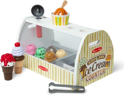 Picture of Melissa & Doug Melissa & Doug Wooden Scoop & Serve Ice Cream Counter, Pretend Play Store, 28 Toy Food & Play Kitchen Accessories, Preschool Toys for Girls & Boys 3+ | 28 Pieces, Wooden Play Food and Countertop, 8 Scoops, Cones, Toppings, Scooper, Play Money, Preschool Toys for Kids, Ages 3+