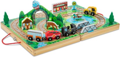 Picture of Melissa & Doug Melissa & Doug Take-Along Railroad Tabletop Playset with Wooden Train Toys, Animals & Scenery Play Pieces, Preschool Learning Toys for Girls & Boys 3+ - FSC Certified | 17 Pieces, Portable Playset, Railroad Pretend Play, 3 Trains, 1 Truck, Animals, Preschool Learning Toys for Kids, Ages 3+