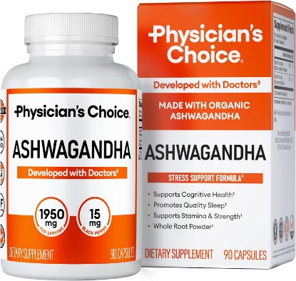Picture of Physician's CHOICE Ashwagandha Supplement - 1950mg of Bioavailable Organic Ashwagandha Root Powder - Black Pepper Extract, Stress Support, Mood Support Supplement, 90 Veggie Capsules