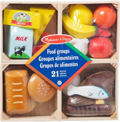 Picture of Melissa & Doug Melissa & Doug Food Groups, 21-Piece Wooden Toys Set of Pretend Play Food & Kids Play Kitchen Accessories, Preschool Toys for Girls & Boys Ages 3+ | 25 Pieces, Wooden Food Toys, 4 Sorting Crates, 4 Food Groups, Meat, Dairy, Produce, Toddler Learning Toys for Kids, Ages 2+