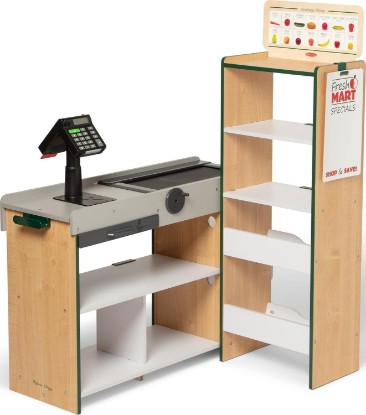 Picture of Melissa & Doug, Fresh Mart Pretend Grocery Store, Kids Cash Register with Scanner, Shelves, & Conveyor Belt, Kids Toys for Girls & Boys | Wooden Grocery Store, Conveyor Belt, Scanner, Card Swiper, Montessori Inspired Pretend Play, Preschool Toys for Kids, Ages 3+
