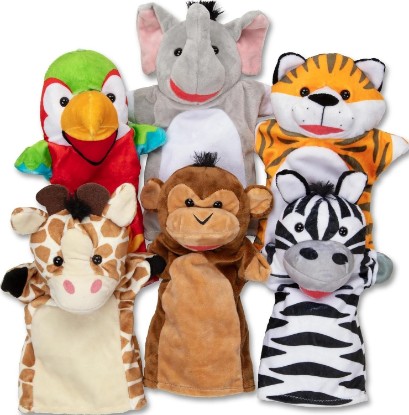 Picture of Melissa & Doug Safari Buddies Hand Puppets, Set of 6 (Elephant, Tiger, Parrot, Giraffe, Monkey, Zebra) Soft, Plush Puppet, Stuffed Animals, Pretend Play Toddler Toys for Girls & Boys 2+ | 6 Plush Safari Animal Hand Puppets, Elephant, Tiger, Parrot, Giraffe, Monkey, Zebra, Washable, Toddler Toys for kids, Ages 2+