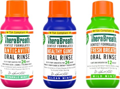 Picture of TheraBreath Mouthwash, Anticavity Sparkle Mint & Healthy Gums Clean Mint & Fresh Breath Mild Mint, Alcohol-Free, Travel Size, 3 fl oz Each