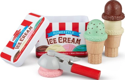 Picture of Melissa & Doug Scoop and Stack Ice Cream Playset, Magnetic Wooden Toys & Pretend Play Kitchen Accessories, Preschool Learning Toys for Girls & Boys 3+ - FSC Certified | 8 Pieces, Magnetic Pretend Play Food and Scooper, 4 Ice Cream Scoops, 2 Cones, Storage Tub, Preschool Toys for Kids, Ages 3+