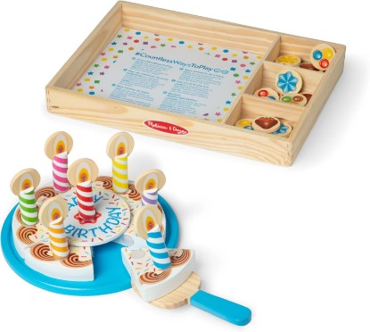 Picture of Melissa & Doug Birthday Party Cake - Wooden Play Food with Mix-n-Match Toppings and 7 Candles | 34 Pieces, Sliceable Toy Food, 6 Cake Slices, 7 Candles, 18 Toppings, Serving Knife, Tray, Preschool Toys for Kids, Ages 3+