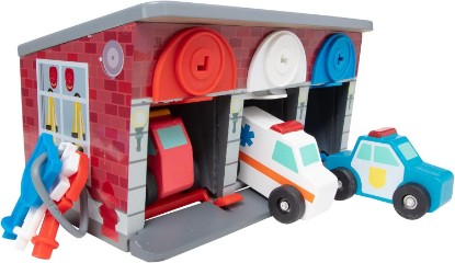 Picture of Melissa & Doug Keys and Cars Rescue Garage Wooden Toy Vehicles Set | 7 Pcs, Portable 3-Bay Garage, 3 Colored Keys, 3 Vehicles, Motor Skill Building Pretend Play, Preschool Toys for Kids, Ages 3+
