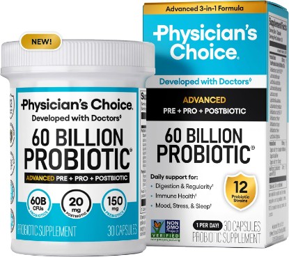 Picture of Physician's CHOICE 60 Billion Probiotic Advanced 3-in-1 + Postbiotic - 30ct | Advanced Formula - 12 Strains + Postbiotic & Organic Prebiotics for Bloating, Mood, Sleep, Immune, Digestive & Gut Health