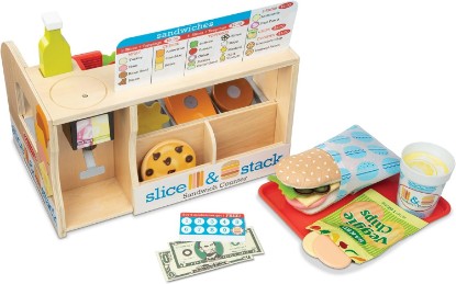 Picture of Melissa & Doug Slice-Stack-Serve, Wooden Sandwich Counter Pretend Play Store with Play Food Toys, Play Money & Deli Slicer, Preschool Toys for Kids 3+ | 52 Pieces, Wooden Deli Counter, Slicer, Felt Meats, Cheeses, Menu, Pretend Play Food Store, Preschool Toys for Kids, Ages 3+