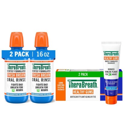 Picture of Bundle of TheraBreath Healthy Gums Toothpaste, 4 Oz, (2-Pack) + TheraBreath ICY Mint Mouthwash, Alcohol-Free, 16 oz (Pack of 2)
