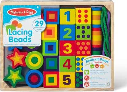 Picture of Melissa & Doug Deluxe Wooden Lacing Beads - Educational Activity with 27 Beads and 2 Laces | 29 Pieces, 27 Wooden Number Beads, 2 Laces, Storage Tray, Fine Motor Sorting Play, Preschool Learning Toys for Kids, Ages 3+
