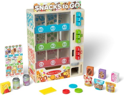 Picture of Melissa & Doug Wooden Vending Machine Play Set | 19 Pieces, Wooden Vending Machine, Double-Sided Pretend Play Food and Drinks, Coins, Menu, Preschool Toys for Kids, Ages 3+