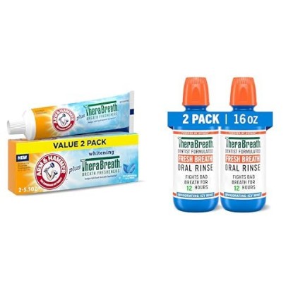 Picture of Bundle of ARM & HAMMER Toothpaste Plus TheraBreath Toothpaste for Bad Breath, 5.5 Oz (Pack of 2) + TheraBreath Fresh Breath Mouthwash, ICY Mint Flavor, Alcohol-Free, 16 Fl Oz (Pack of 2)