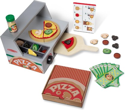 Picture of Melissa & Doug Top & Bake Wooden Pizza Counter, Kids Kitchen Playset with Play Food & Play Kitchen Accessories, Preschool Toys for Girls & Boys Ages 3+ - FSC Certified | 41 Pieces, Wooden Pizza Countertop and Oven, Felt & Wood Toppings, Pretend Play Cooking Toy, Preschool Toys for Kids, Ages 3+