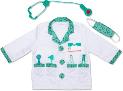 Picture of Melissa & Doug Doctor Costume, Pretend Play Dress Up Set (8-Pc) Stethoscope, Coat & Accessories, Role Play Toys for Kids 3+ | 8 Pieces, Pretend Play Doctor Set, Coat, Mask, Stethoscope with Sound Effects, Syringe, Preschool Toys for Kids, Ages 3+