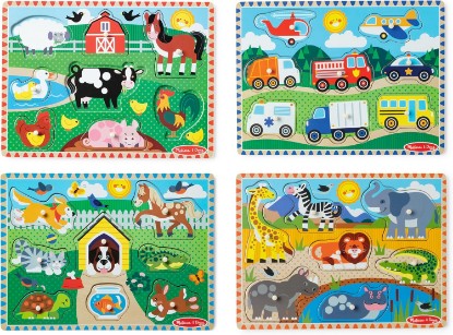 Picture of Melissa & Doug Wooden Peg Puzzle Set – 4-Pack Vehicle, Farm, Safari & Pet Animal Themes – Educational Puzzles for Toddlers and Preschoolers Ages 2+