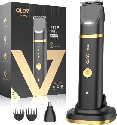 Picture of Groin & Body Hair Trimmer for Men - Electric Shaver for Pubic Hair, Chest, Legs - Ball Pubic Groomer, LED Light, Replaceable Ceramic Blade Heads, USB-C Recharge Dock, Waterproof Hygiene Razor