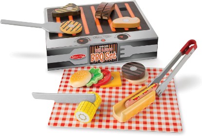 Picture of Melissa & Doug Grill and Serve BBQ Set with Pretend Play Toy Food & Kids Play Kitchen Accessories, Preschool Learning Toys for Girls & Boys 3+ | 20 Pieces, Pretend Play BBQ, Tabletop Grill, Double-Sided Wooden Play Food, Meats, Toppings, Preschool Toys for Kids, Ages 3+