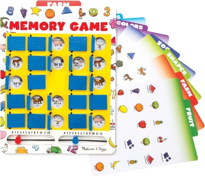 Picture of Melissa & Doug Flip-to-Win Portable Wooden Travel Game Board with 25 Flaps & 7 Double-Sided Memory Game Cards—Animals, Colors, Fruits, Shapes & Much More—Preschool Toys for Kids Ages 5+ | 8 Pieces, Wooden Board With 25 Flaps, 7 Double-Sided Memory Cards, Mess-Free Travel Toys, Preschool Toys for Kids, Ages 3+