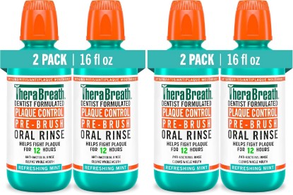 Picture of TheraBreath Plaque Control Pre-Brush Oral Rinse, Refreshing Mint Flavor, Antigingivitis and Antiplaque Rinse, Dentist Formulated, Alcohol Free, 16 Fl Oz (Pack of 4)