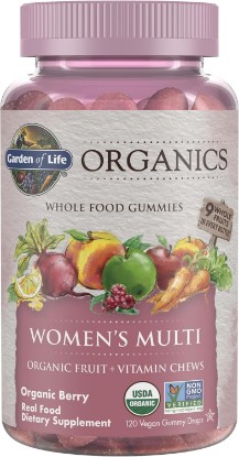 Picture of Garden of Life Organics Women's Gummy Vitamins - Berry - Certified Organic, Non-GMO, Vegan, Kosher Complete Multi - Methyl B12, C & D3 - Gluten, Soy & Dairy Free, 120 Real Fruit Gummies | Multivitamin for Women with Methyl B12, C & D3, USDA Organic, Non-GMO, Vegan USDA Organic
