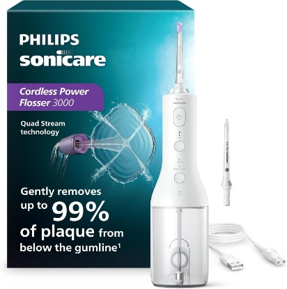 Picture of Philips Sonicare Cordless Power Flosser 3000, Water Flosser, 2 Nozzles | 150% Better Gum Health¹, Quad Stream Technology, 2 Floss Modes,3 Pressure Levels, IPX7 Waterproof, 2 Nozzles, White HX3826/21