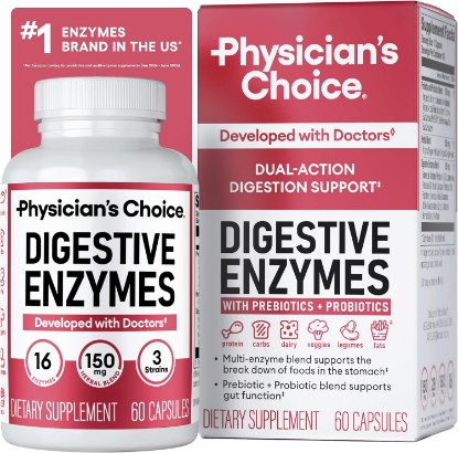 Picture of Physician's CHOICE Digestive Enzymes for Bloating & Digestion - Fast-Acting 16 Enzyme Formula with Organic Prebiotics & Probiotics for Gut & Digestive Health - Meal Time Discomfort Relief - 60 CT
