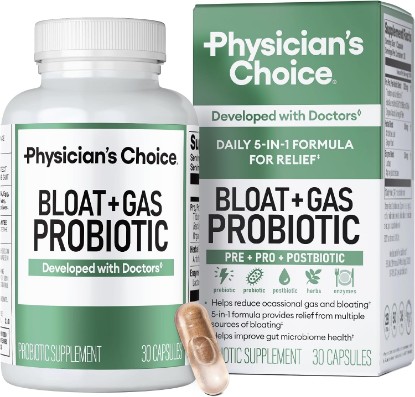 Picture of Physician's CHOICE Bloat & Gas Probiotic 5-in-1 Proactive Support + Daily Relief - Digestion & Gut Health- Herbals, Digestive Enzymes, Post & Prebiotics - Gas Relief for Adults - Women & Men - 30ct