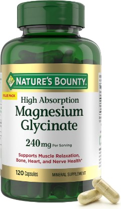 Picture of Nature’s Bounty High Absorption Magnesium Glycinate 240 mg for Supporting Muscle Relaxation and Bone, Heart & Nerve Health – Non-GMO, Gluten-Free, Vegetarian, 120 Count/60 Servings