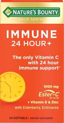 Picture of Nature's Bounty Immune 24 Hour +, 2 Softgels per Day, 50 Count | Only Vitamin C with 24 Hour Immune Support from Ester-C, 1000 mg Vitamin C, D & Zinc, Gluten Free, Rapid Release Softgels