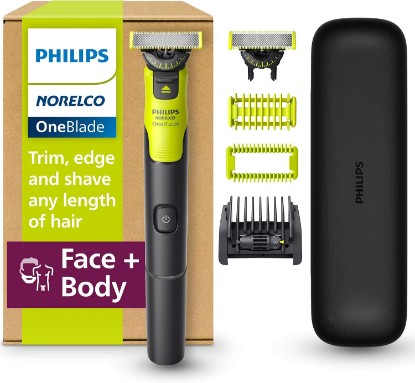 Picture of Philips Norelco OneBlade 360 with Connectivity Hybrid Face + Body, Electric Beard Trimmer, Shaver and Body Groomer Kit with 360 Blade Tech, 1x360 Blade, 5-in-1 Comb, Travel Case, Model QP4631/90 | 360 Blade Technology, Connected, 100% Showerproof, Travel Case & Body Kit, Stainless Steel Blade, 60-Min Runtime, QP4631/90 GreenCircle Certified: Certified Environmental Facts Label