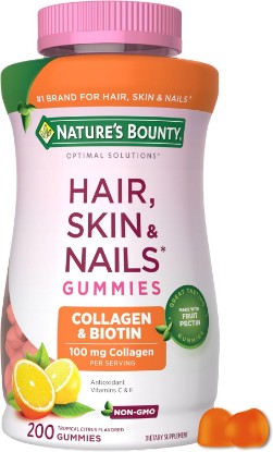 Picture of Nature's Bounty Optimal Solutions Hair, Skin & Nail Collagen Pectin Gummies | 100mg Collagen and 2,500mcg Biotin Per Serving, No Stick Gummy, Tropical Citrus Flavor, 200 Count, 100 Total Servings