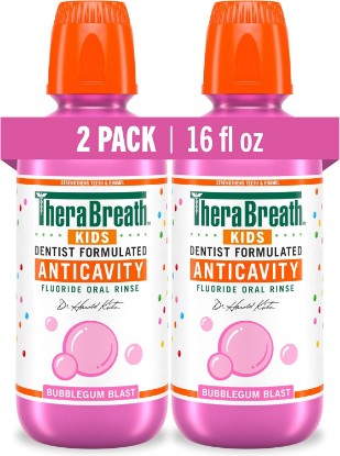 Picture of TheraBreath Kids Anticavity Fluoride Oral Rinse Bubblegum, 16 fl oz, 2-Pack | Strengthens Teeth & Enamel, Alcohol Free & Dye Free, Certified Organic, Bubblegum Blast Flavor