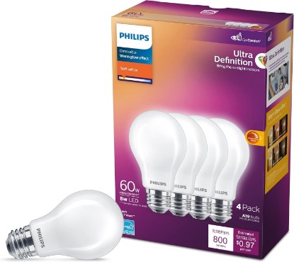 Picture of PHILIPS LED 60W A19 4-Pack Ultra Definition Soft White LED Light Bulbs (2700K) 800 Lumen (8W = 60W) Dimmable Clear Flicker-Free Light Bulbs