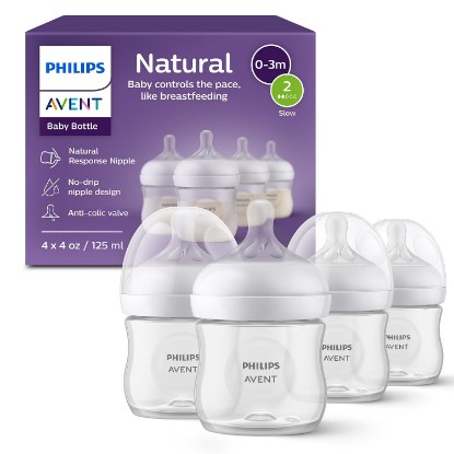Picture of Philips Avent Natural Baby Bottles, Slow Flow, 4 oz, BPA-Free, 4-Pack | Baby-Controlled Flow, No-Drip Design, Reduces Colic and Gas with Anti-Colic Valve, 4-Pack, SCY900/04 GreenCircle Certified: Certified Environmental Facts Label
