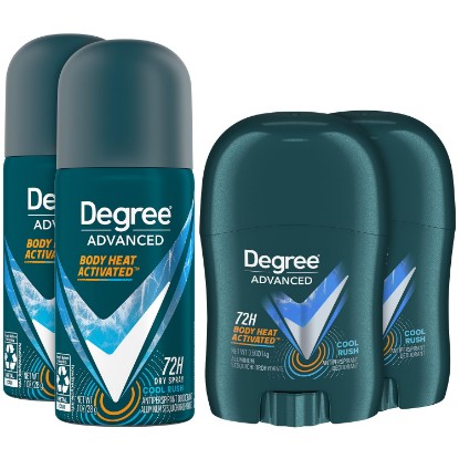 Picture of Degree Men Travel Deodorant, Mini Cool Rush, Spray 2-Pack & Stick 2-Pack | Travel-Size Deodorant Spray & Stick Bundle | 72H Non-Stop Odor & Sweat Protection | Body Heat Activated | Crisp, Sporty Scent