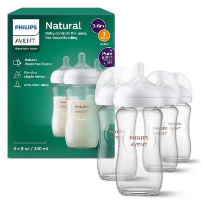 Picture of Philips Avent Natural Glass Baby Bottles, Medium Flow, 8 oz, BPA-Free | Borosilicate Glass, Baby-Controlled Flow, No-Drip Design, Reduces Colic and Gas with Anti-Colic Valve, 4-Pack, SCY913/04