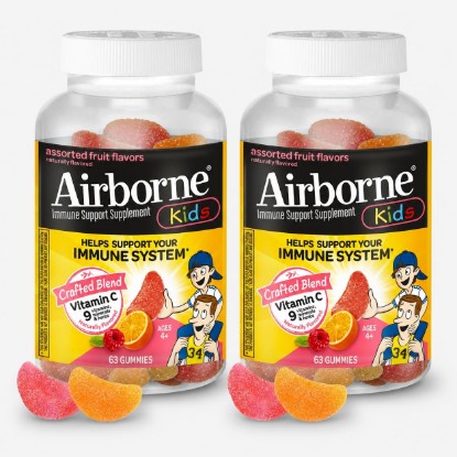 Picture of Airborne 500mg Vitamin C + Zinc Immune Support Supplement Gummies for Kids, Assorted Fruit Flavor, Gluten Free Crafted Blend with Powerful Antioxidants Vitamins C & E, 63 Gummies (2 Pack)