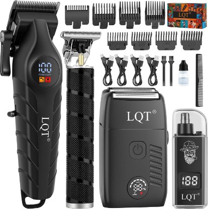 Picture of Men's Professional Cordless Hair Clippers & Trimmer Kit, 4-in-1 Electric Shaver Set with LED Display, Waterproof Body Groomer, Nose Trimmer & T-Blade for Bald Head, Full Barber Kit (Black)